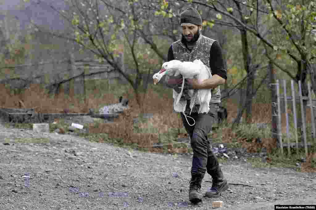 An ethnic Armenian man carries two geese as he packs up the contents of his home in the village of Charektar/Caraktar.