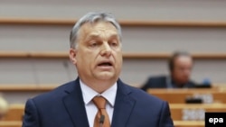Hungarian Prime Minister Viktor Orban addresses a plenary session at the European Parliament on the situation in Hungary