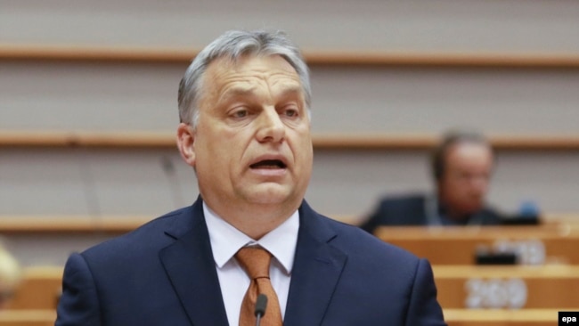 Hungarian Prime Minister Viktor Orban addresses a plenary session at the European Parliament on the situation in Hungary