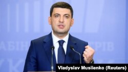 Ukrainian Prime Minister Volodymyr Hroysman speaks at a news conference in Kyiv on May 20.