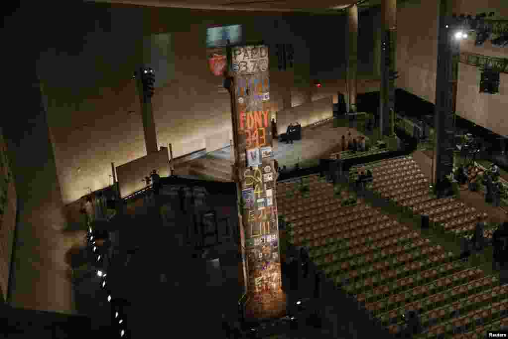 The &quot;Last Column&quot; of the World Trade Center, inscribed with the names of police and fire departments that took part in the rescue efforts