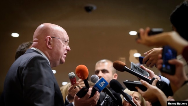 U.S. -- Russian Ambassador to the United States Vasily Nebenzya speaks to the reporters following Security Council consultations on Syria, at UN h