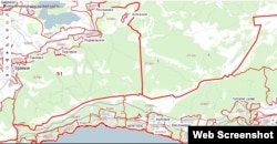 Административная граница между Крымом и Севастополем в районе Байдарского заказника согласно публичной кадастровой карте России