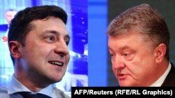 Volodymyr Zelenskiy (left) and Petro Poroshenko spoke to Europe with one voice -- exactly the same one, it seems.