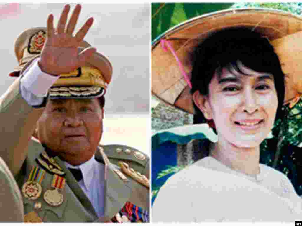 Burma/Myanmar - This combo of file photos shows Myanmar Senior General Than Shwe and Myanmar democracy leader Aung San Suu Kyi (R), 05Oct2007 - Caption: epa01139302 (FILE) This combo of file photos shows Myanmar Senior General Than Shwe (L) waving during the 62nd anniversary Armed Forces Day in the new capital of Nay Pyi Taw in 2007 and Myanmar democracy leader Aung San Suu Kyi (R) smiling in her garden in 2002. Myanmar's junta chief Senior General Than Shwe has agreed to meet with democracy icon Aung San Suu Kyi if she stops calling for confrontation ' utter devastation ' and economic sanctions against the regime state-media said 05 October 2007. Than Shwe has never met with the 1991 Nobel Peace Prize laureate and there is a great deal of skepticism about his willingness to do so in the near future