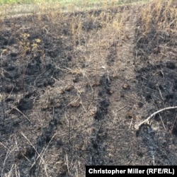 Tracks from a large vehicle cut through the burned launch-site area.