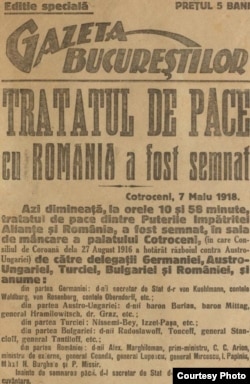 „Tratatul de Pace cu România a fost semnat”, articol în Gazeta Bucureștilor, 7 mai 1918 Sursa: Expoziția Marele Război, 1914-1918, Muzeul Național de Istorie a României)