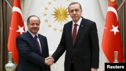 Turkish President Recep Tayyip Erdogan (right) meets with Iraqi Kurdish regional President Masud Barzani at the Presidential Palace in Ankara on December 9.