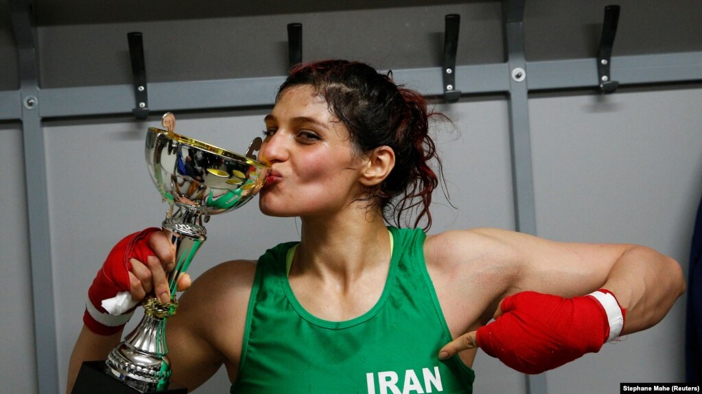 The move comes just over a year after Sadaf Khadem became the first Iranian woman to compete in an official boxing match. She now trains in France. (file photo)