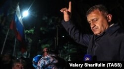 Anatoly Bibilov speaks during a rally in Tskhinvali on April 9.