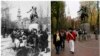 Left photo: John F. Kennedy campaigning for the U.S. Congress under a statue of Paul Revere in Boston in June 1946. Right photo: A guide dressed as a British soldier from the U.S. Revolutionary War leads a tour past the same statue on November 15, 2013. 