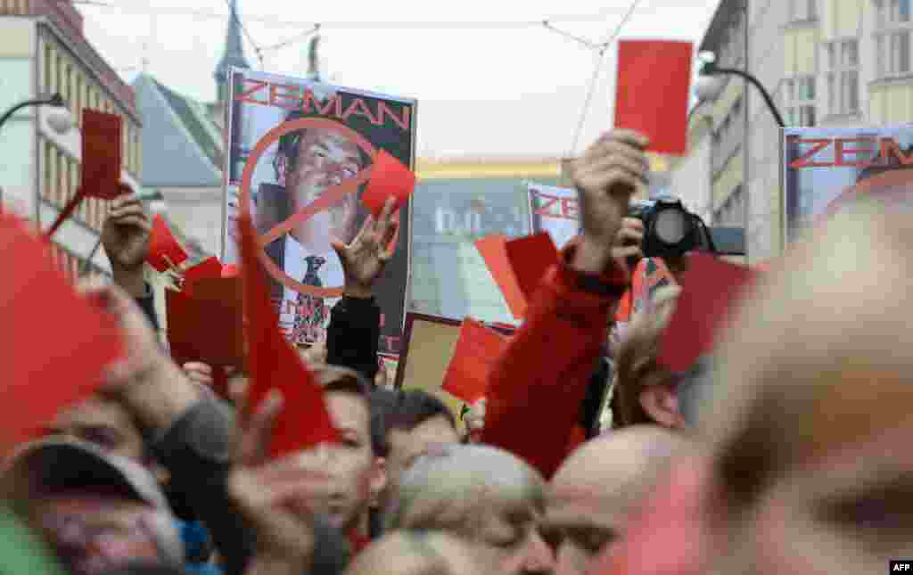 Протест белдерүчеләр Земанны Русиягә ялагайлануда гаепли. Бу протест чарасы Земан Хәтфә инкыйлабының 25 еллыгы уңаеннан дүрт илнең президентларын кабул иткән көнгә туры килде.