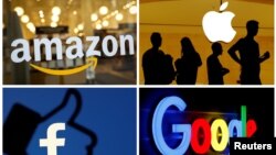Logot e kompanive Amazon, Apple, Google dhe Facebook. 