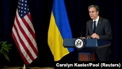 Șeful diplomației americane la o conferință de presă comună cu omologulsău ucrainean, Washington, 22 februarrie 2022.