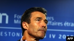 NATO Secretary-General Anders Fogh Rasmussen speaks at a press conference during the informal meeting of NATO foreign ministers in Tallinn on April 22.