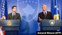 U.S. Assistant Secretary of State for European and Eurasian Affairs Aaron Wess Mitchell (LEFT) and Kosovar President Hashim Thaci in Pristina on March 12.