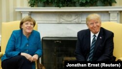 U.S. President Donald Trump meets with Germany's Chancellor Angela Merkel at the White House on March 17.