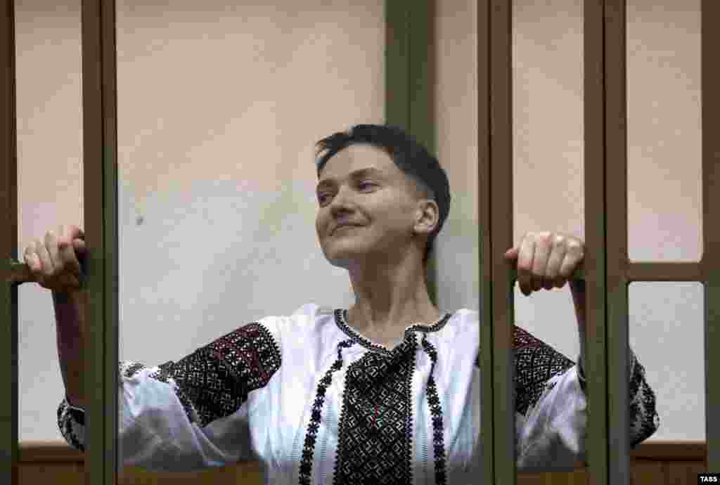 Former Ukrainian pilot Nadia Savchenko, charged with complicity in the murder of Russian journalists near Luhansk, Ukraine, reacts as she is requestioned in Donetsk City Court in Russia. (TASS/Valery Matytsin)