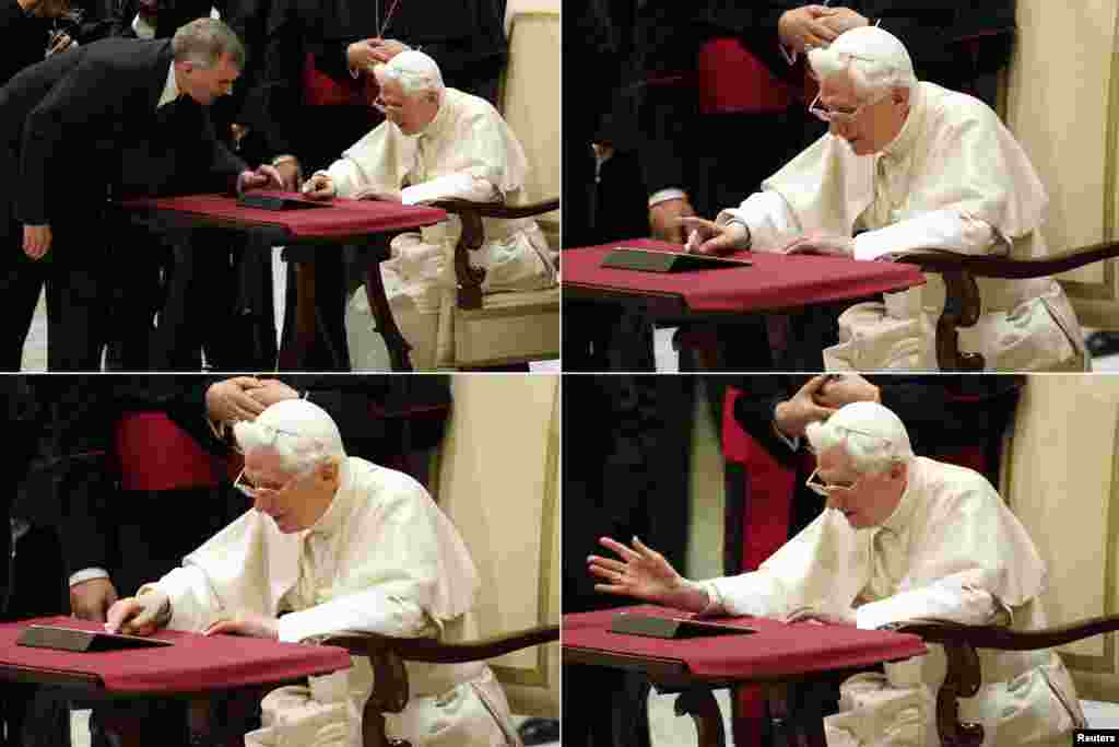 A combo photo shows Pope Benedict XVI posting his first tweet (@pontifex) using an iPad after his general audience in Paul VI's Hall at the Vatican. "Dear friends, I am pleased to get in touch with you through Twitter. Thank you for your generous response. I bless all of you from my heart," the tweet said.