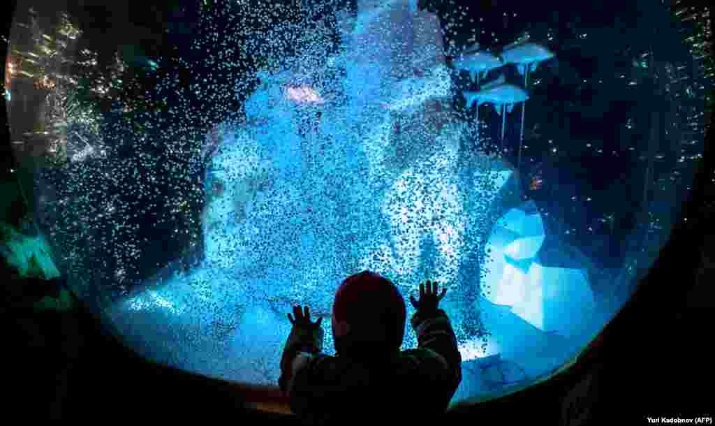 A boy touches a plastic balloon depicting an aquarium at a Christmas market in central Moscow. (AFP/Yuri Kadobnov)