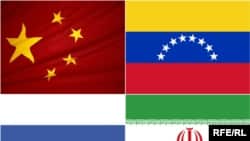 (Top left - clockwise) Flags of China, Venezuela, Iran, and Russia, 2009