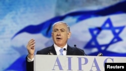 Israeli Prime Minister Benjamin Netanyahu addresses the American Israel Public Affairs Committee policy conference in Washington, D.C., on March 2.