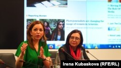 Czech Republic--International Women's Day panel discussion at RFE/RL with Silvie Lauder (left) and Julie Stejskalova (right). Prague, March 8, 2016.