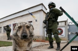 Озброєні російські військові блокують українську військову частину в селі Перевальному, під Сімферополем, 12 березня 2014 року