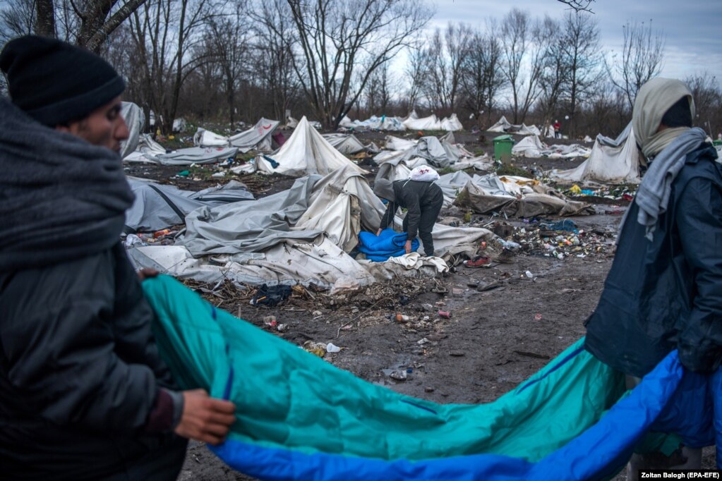 Disa migrantë duke mbledhur gjëra të shfrytëzueshme në kampin në Vuçjak, në veriperëndim të Bosnjës më 11 dhjetor. Një ditë më parë, autoritetet boshnjake kanë evakuuar kampin, për shkak të mungesës së ujit të pijshëm dhe gjërave tjera themelore për jetesë.