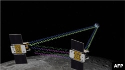 The GRAIL mission will fly twin spacecraft in tandem orbits around the moon to measure its gravity field in unprecedented detail. (undated NASA artist image)
