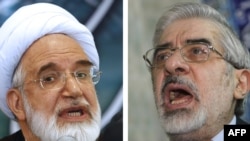 Oppozisiýa liderleri Mehdi Karrubi (çepde) we Mir Hussein Musawi.