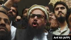 Hafiz Saeed speaks after his release from house arrest in Lahore on November 22.