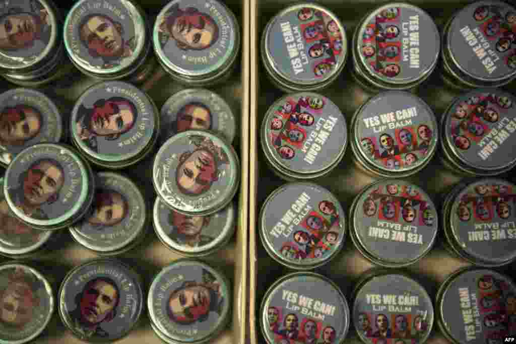 Lip balm featuring U.S. President Barack Obama&#39;s likeness is seen at a shop in Washington as part of a vast array of merchandise being sold ahead of Obama&#39;s inauguration for a second term. (AFP/Brendan Smialowski)