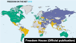 Отчет Freedom House. Зеленым отмечены «свободные» страны, желтым – частично свободные, и серым цветом – страны с «несвободным» интернетом.