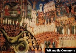 Məhşər günü. Peyğəmbər rəsmin sağ yuxarı küncündə dəvənin üstündə.