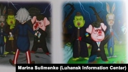 The caricatures of Ukrainian political figures such as President Petro Poroshenko, Prime Minister Arseniy Yatsenyuk, and Defense Council Secretary Oleksandr Turcyhnov are not exactly subtle.