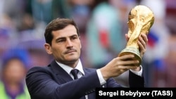 RUSSIA -- Spanish goalkeeper Iker Casillas holds the 2018 FIFA World Cup trophy during the opening ceremony of the 2018 FIFA World Cup at Luzhniki Stadium, Moscow, JUne 14, 2018