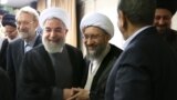 حسن خمینی، صادق لاریجانی، حسن روحانی و محمود هاشمی شاهرودی در دفتر رهبر جمهوری اسلامی