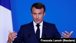 BELGIUM -- French President Emmanuel Macron attends a news conference after the European Union leaders summit, in Brussels, Belgium, July 2, 2019