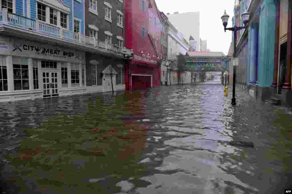 A flooded street between two casinos along the Boardwalk before the arrival of Hurricane Sandy in Atlantic City.