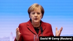German Chancellor Angela Merkel speaks during the 55th Munich Security Conference in Munich on February 16.