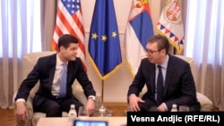 U.S. Assistant Secretary of State for European Affairs Wess Mitchell (left) and Serbian President Aleksandar Vucic in Belgrade on March 14. 
