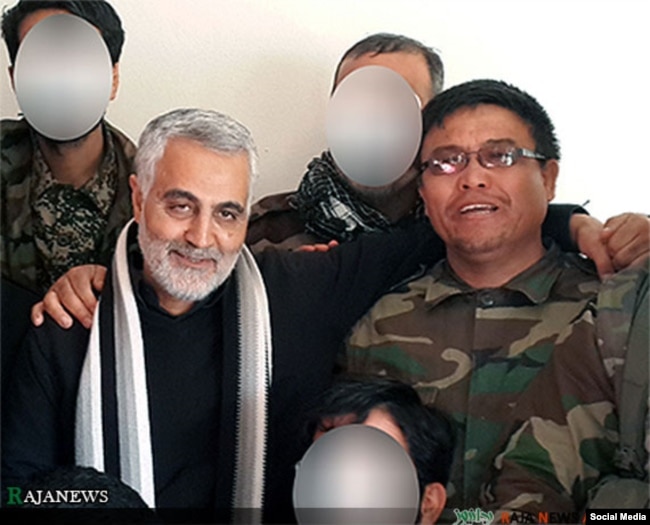 Former Quds Force Commander Qasem Soleimani (left) with Afghan Alireza Tivasolii, commander of the Fatemiyoun Brigade, who was killed fighting in Syria: (undated)