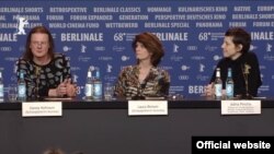 Adina Pintilie (right) at the 2018 Berlin Film Festival. Her film, Touch Me Not, won the top prize.