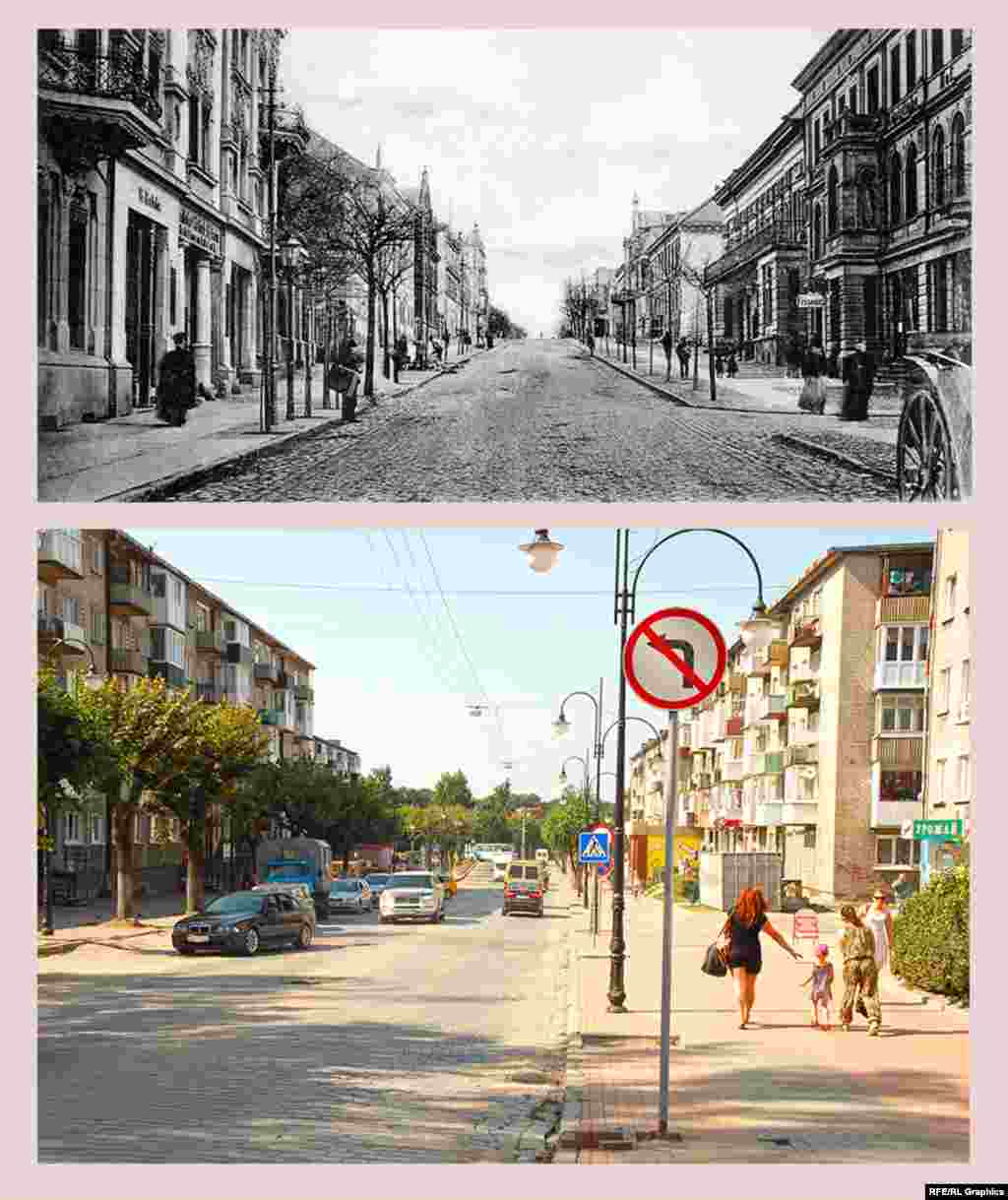 Черняховск (ранее – Инстербург), улица Ленина (ранее – Гинденбургштрассе) “Длинная, с оживленным движением Гинденбургштрассе – одна из главных улиц города. Здесь расположены большие торговые предприятия, фабричные конторы, рестораны, ремесленные мастерские, а также издательство «Остдойче Фольксцайтунг». На этой же улице стоит католическая церковь, финансовое управление, здание центрального сельскохозяйственного управления», - так в 1932 году описывал эту улицу Отто Хаген. 