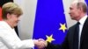 Russian President Vladimir Putin (right) shakes hands with German Chancellor Angela Merkel at a meeting in Sochi earlier this year. 