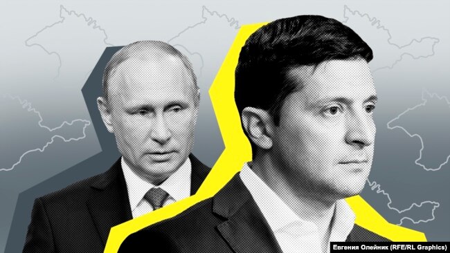 Фотоколлаж: президенты Украины и России, Владимир Зеленский (слева) и Владимир Путин