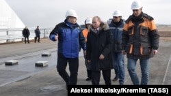Президент Росії Володимир Путін на будівництві Керченського мосту, окупований Крим, 14 березня 2018 року
