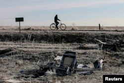 Чоловік проїжджає на велосипеді повз уламки малайзійського «Боїнга». Село Грабове, грудень 2014 року