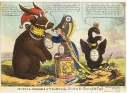Медведь – главный русский мем Запада. В данном случае британский карикатурист запечатлел встречу двух императоров, Александра и Наполеона в Тильзите в июне 1807 года. Наполеон изображен в виде обезьяны. В стороне стоит обиженный австрийский орел, потерявший одну голову
